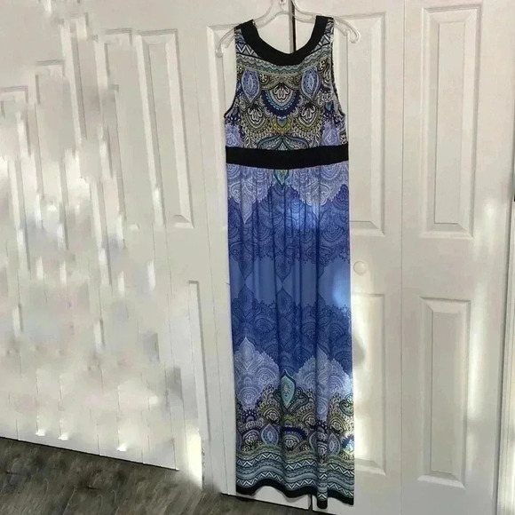 AB Studio boho blue & green & black bohemian maxi dress size LARGE - Picture 6 of 11